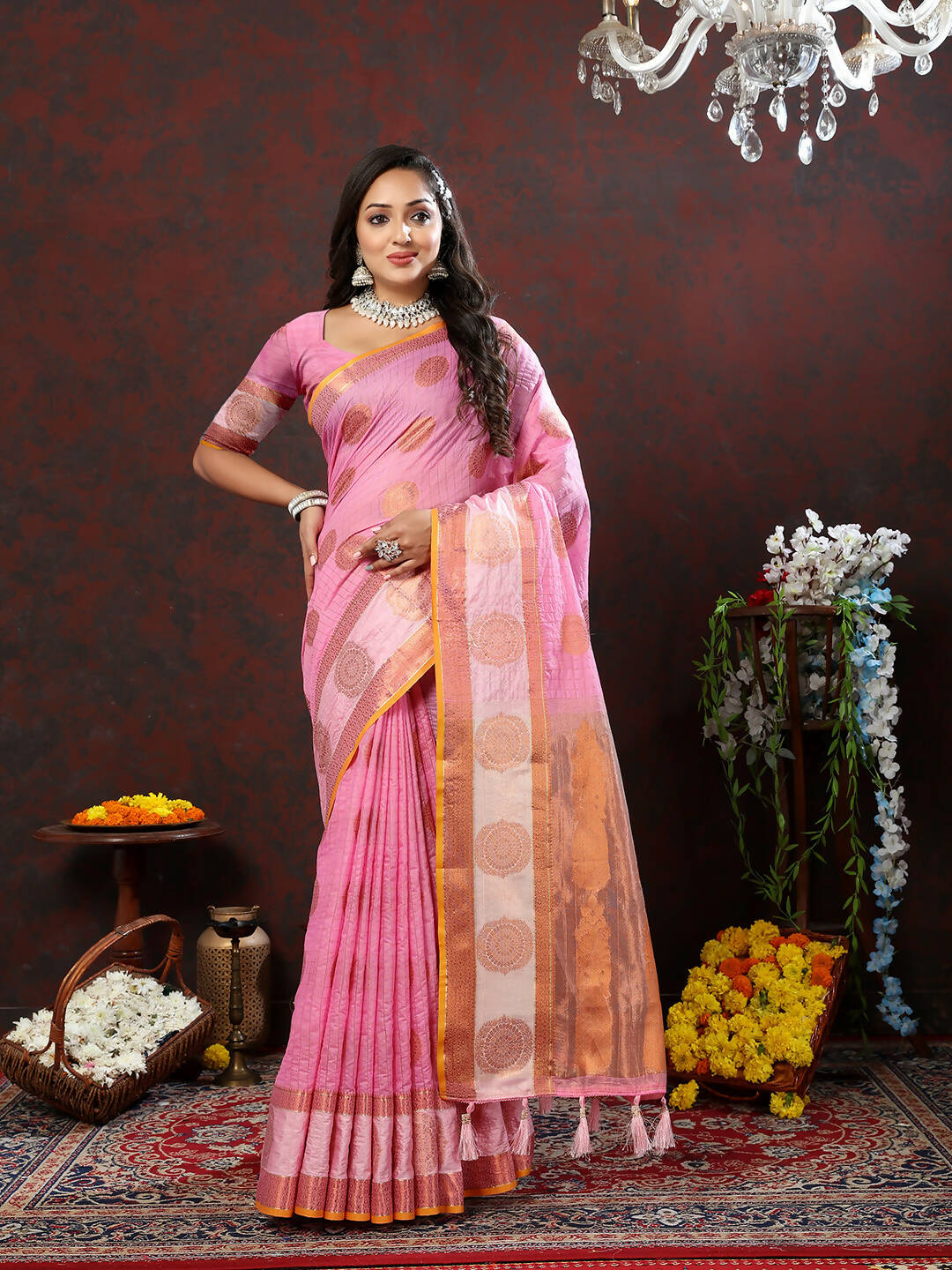 Pink Cotton Saree with Traditional Woven Zari Design
