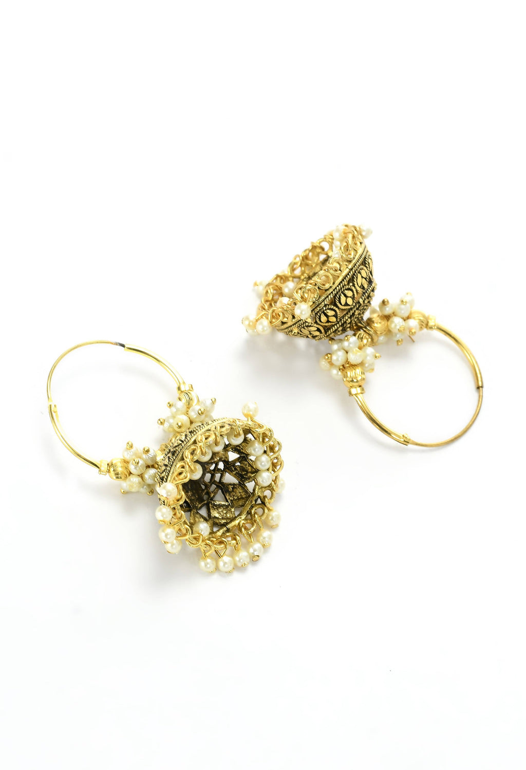 Golden Color Designer Jhumkas with White Accents
