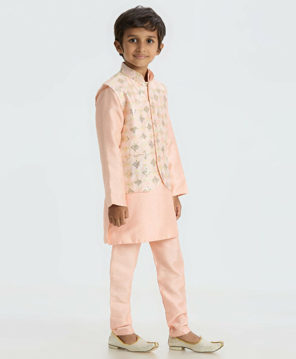 Boys' Traditional Peach Kurta Pyjama Set with Nehru Jacket
