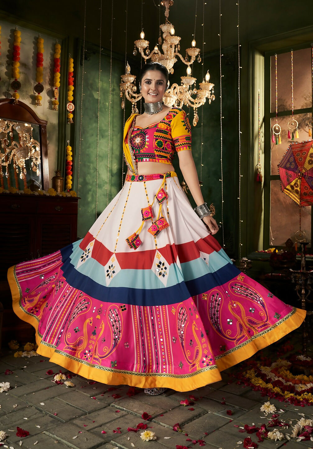 White maslin cotton lehenga choli with yellow blouse and multi-colored dupatta