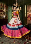White maslin cotton lehenga choli with yellow blouse and multi-colored dupatta