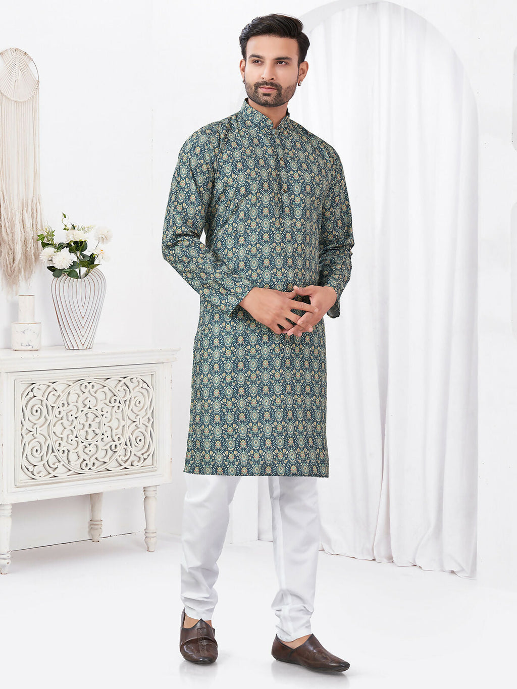 Boys Blue Printed Rayon Cotton Kurta Pyjama Ethnic Set