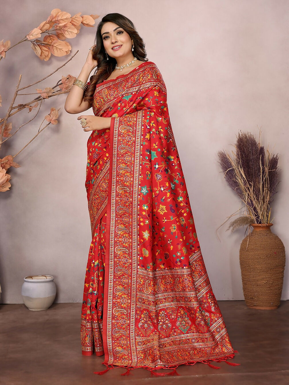 Red Meena Weaves Pashmina Saree with Unstitched Blouse Piece