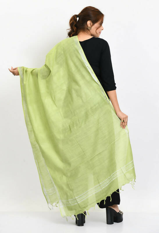 Parrot Green Linen Cotton Dupatta with Silver Border for Women
