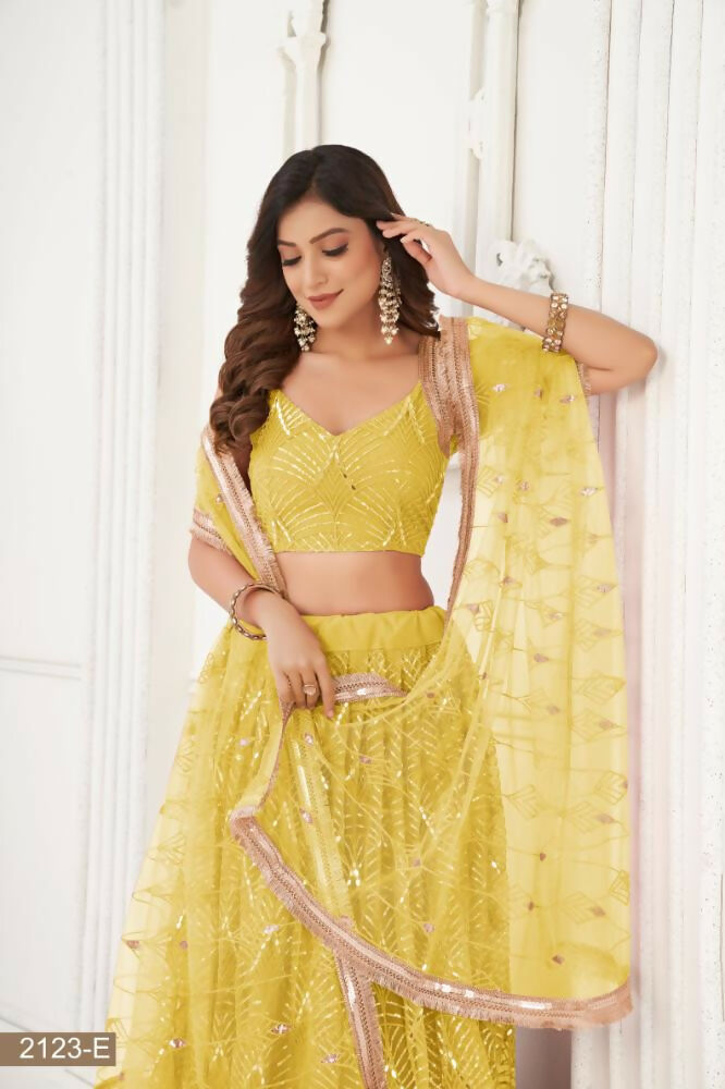Yellow Butterfly Net Lehenga Choli with Mirror & Sequence Work