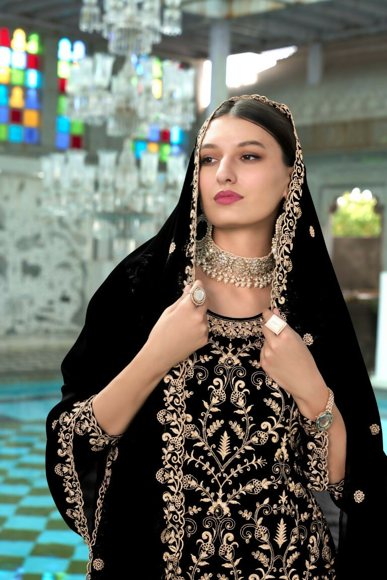 Black Faux Georgette Kurta Set with Moti and Embroidery