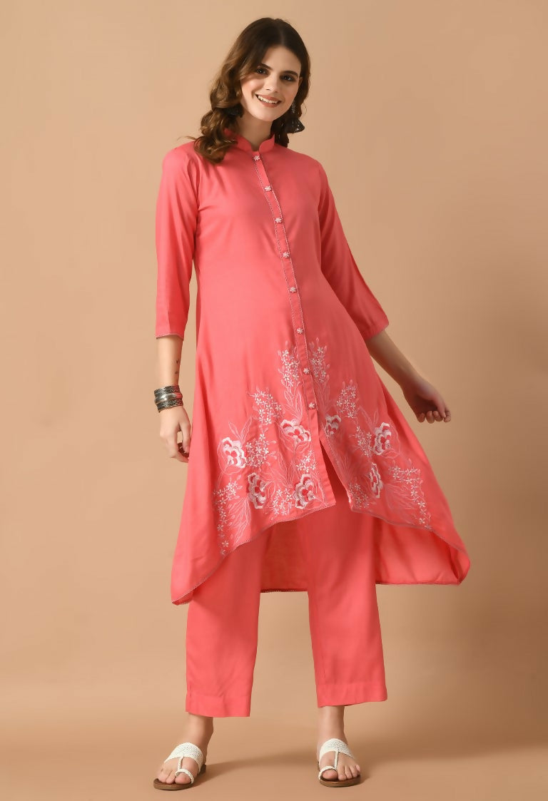 Vibrant Coral Cotton Rayon 2-piece Kurta set, perfect for summer ethnic style