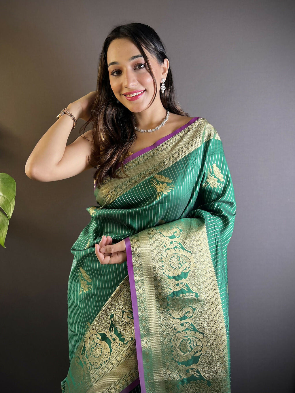 Green Soft Silk Leheriya Saree with Striped Floral Motifs