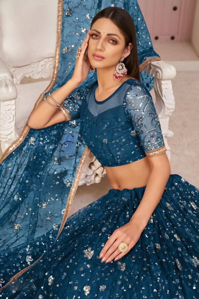Peach Butterfly Net Lehenga Choli with Zari and Thread Embroidery