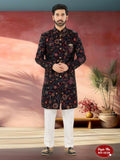 Men's wine velvet kurta set featuring heavy multi-colour thread and sequence embroidery in a straight Indo-Western style.