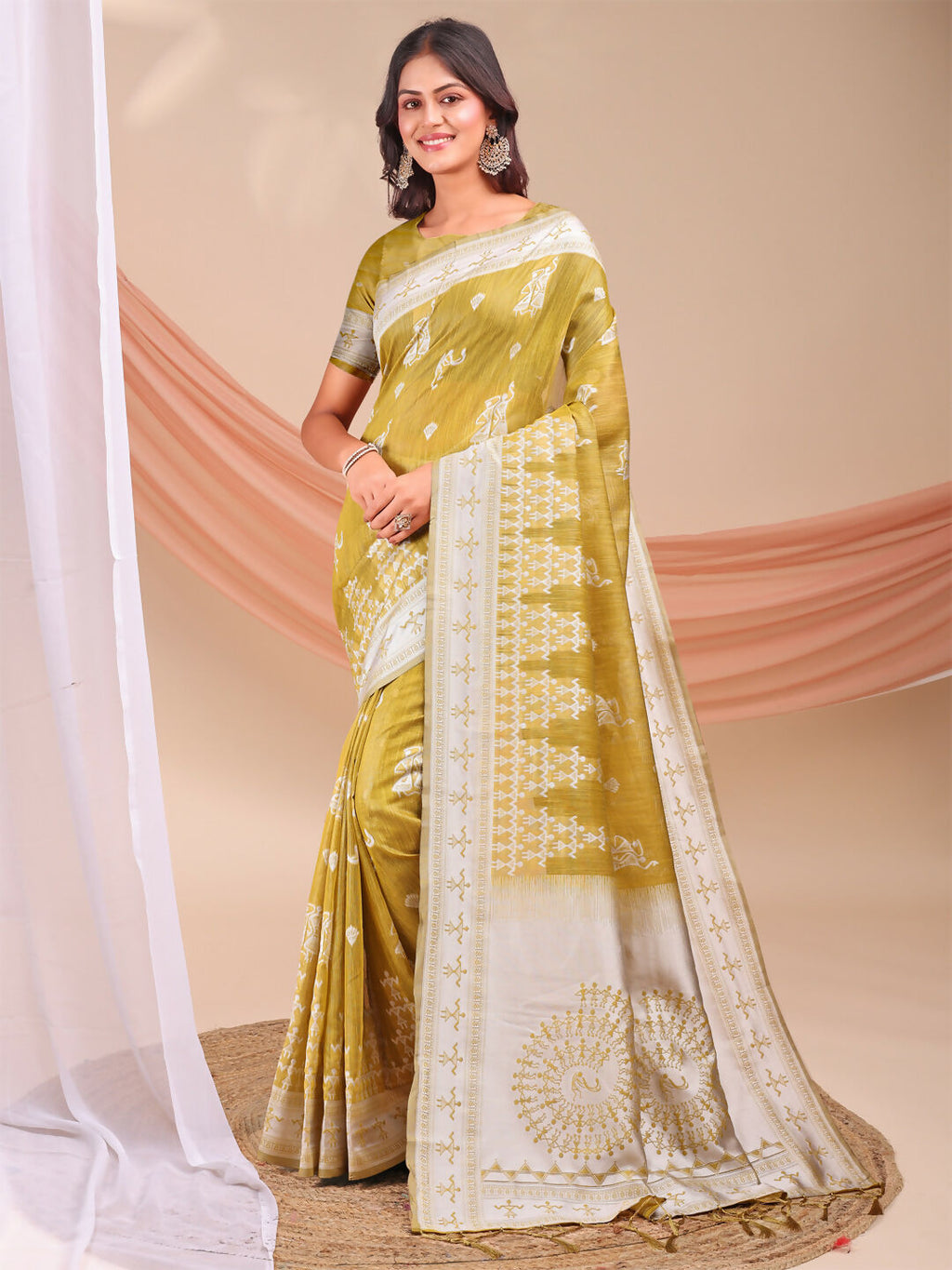 Varnika Mustard Linen Cotton Saree with Matching Blouse Piece