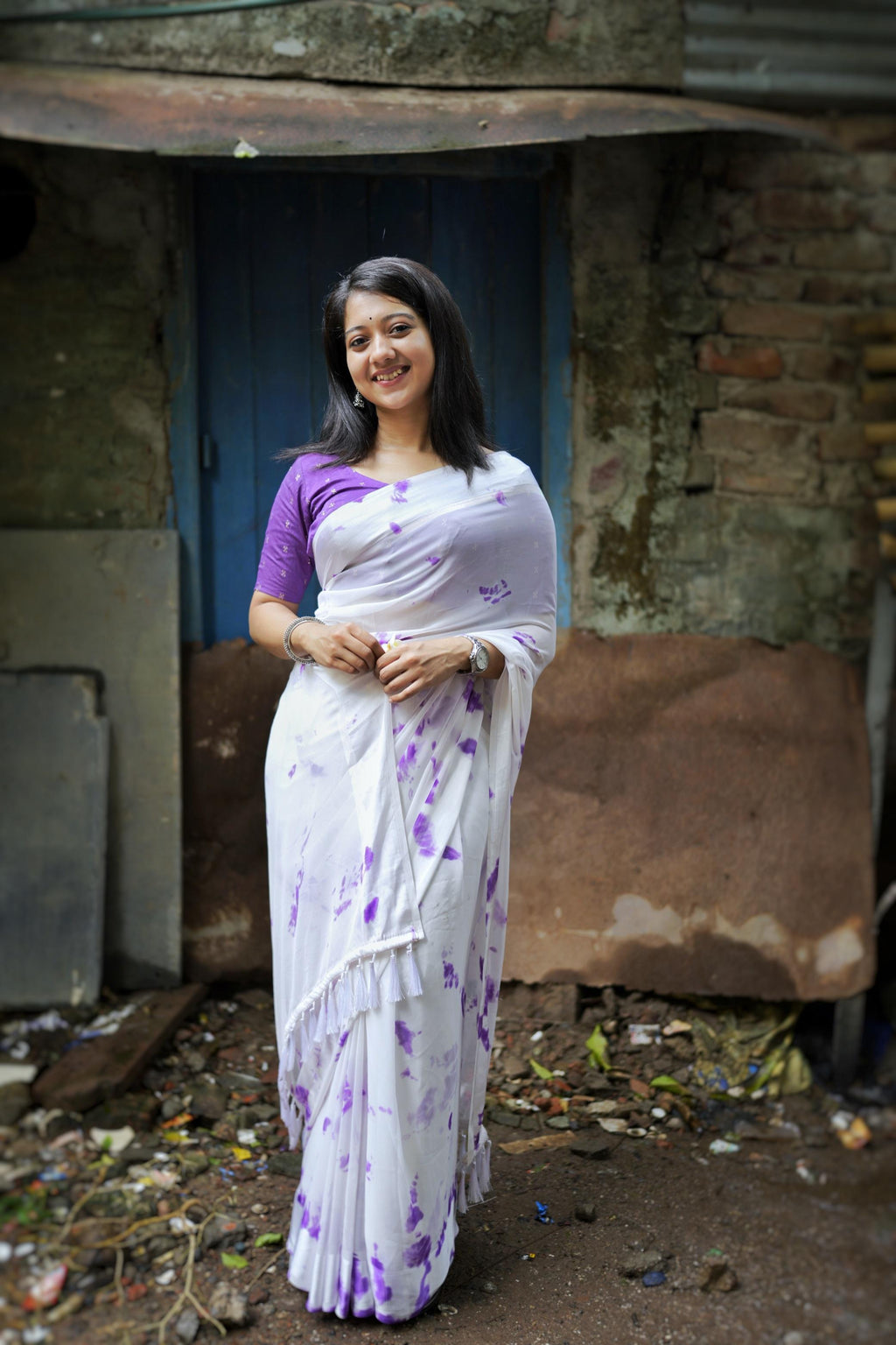 Lavender Poly Georgette Tie and Dye Saree with Unstitched Blouse - Hiral Fashion