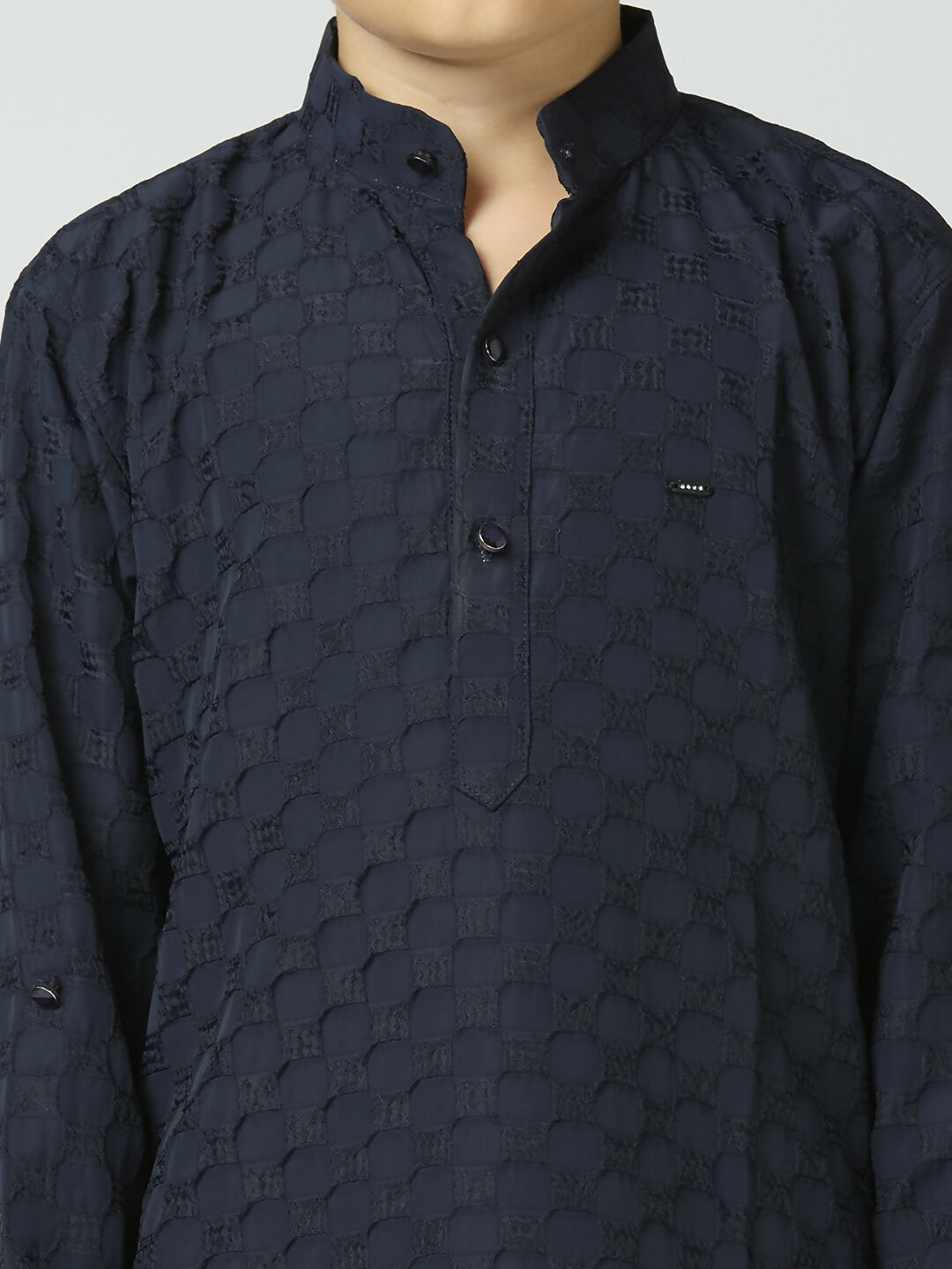 Boys Navy Blue Texture Cotton Kurta and Pyjama Festive Set