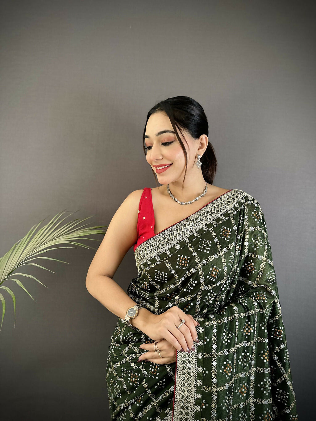 Dark Green Bandhani Vichitra Silk Saree with Traditional Prints
