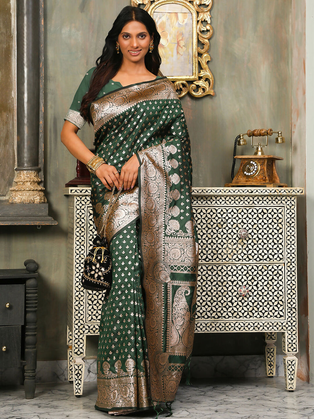 Dark Green Banarasi Silk Saree with Matching Blouse