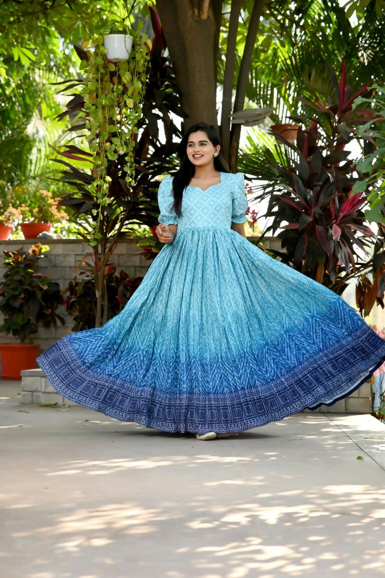Sky Blue Bandhej Print Muslin Anarkali Dress with Pleats