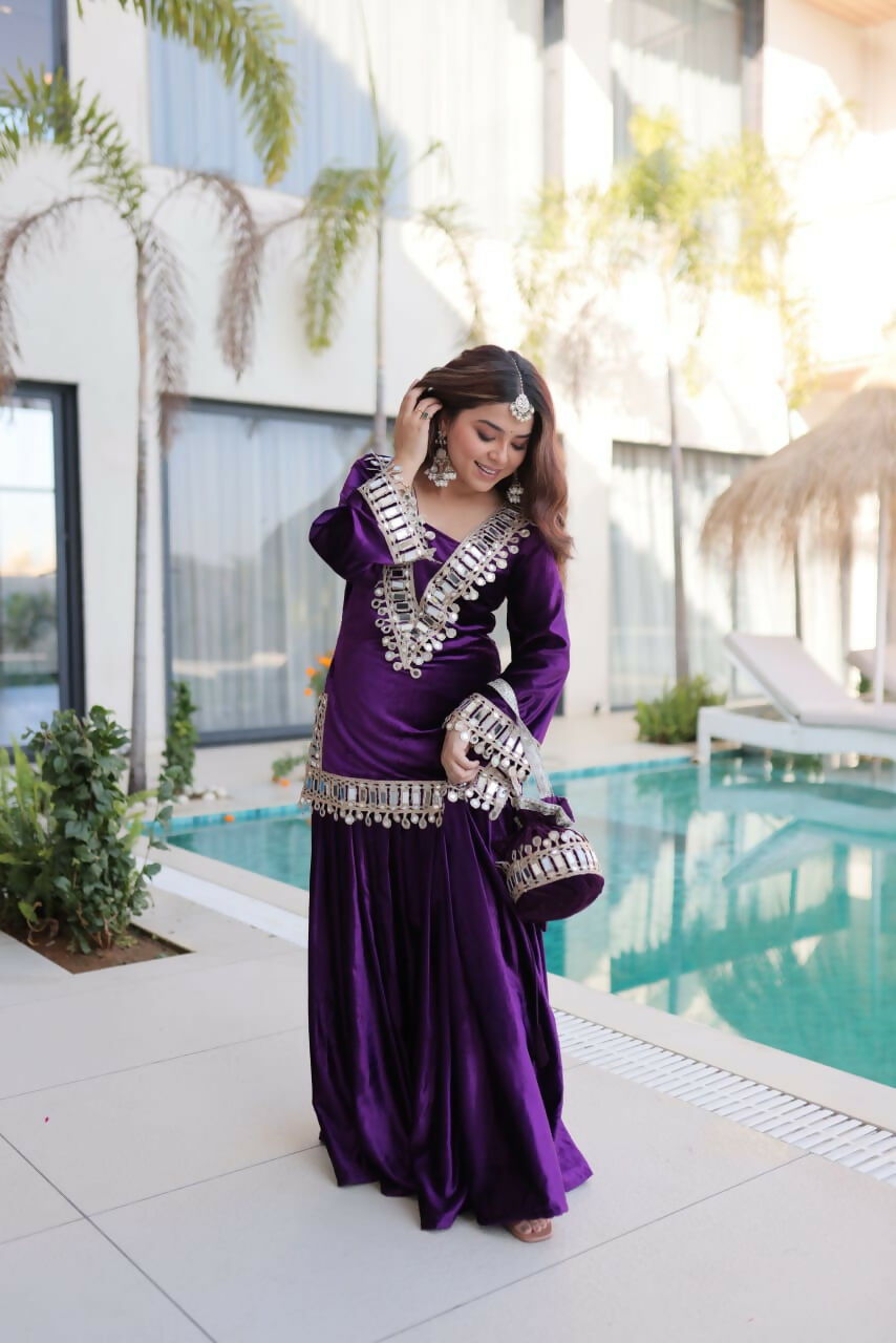 Purple Velvet Embroidered Sequence Work Readymade Kurta Set