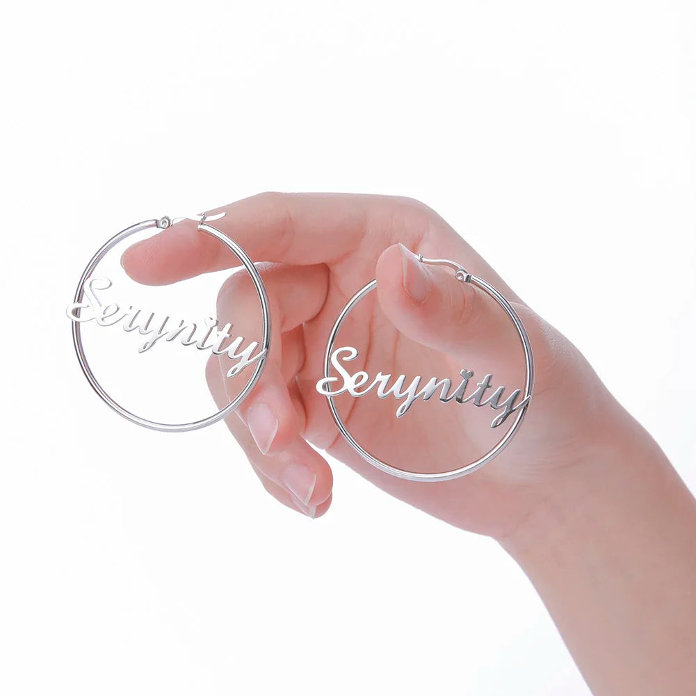 Sipuris Stainless Steel Personalized Customize Name Hoop Earrings Jewelry For Women Girls Circle Earring Fashion 30-60 MM