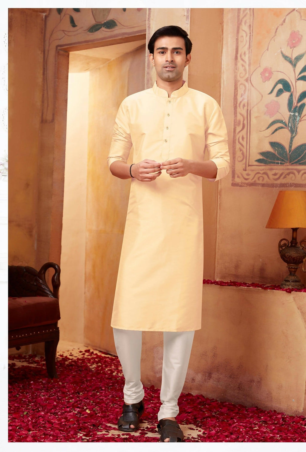 Light beige art silk kurta with off-white pyjama bottoms