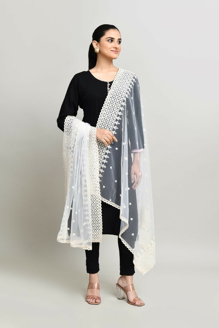 White Cotton Pakistani Karanchi Dupatta with Intricate Embroidery