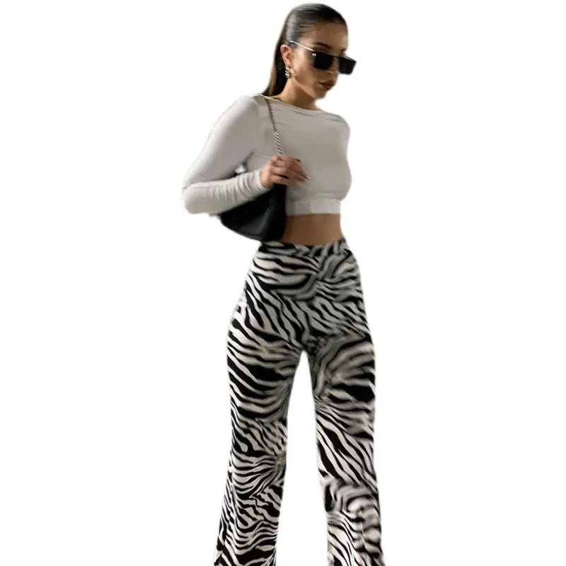 Women's Zebra Print High Waist Wide Leg Pants Casual Trousers - Image 20