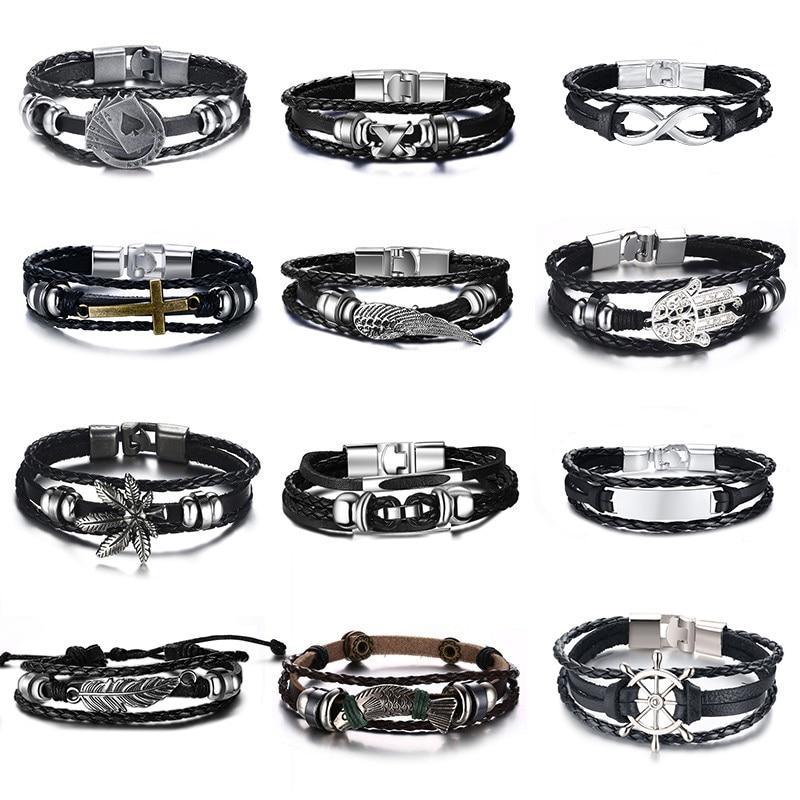 Vintage Men's Leather Playing Card Charm Multilayer Bracelet