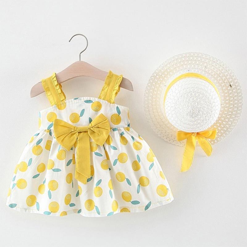 Floral Fruit Print Baby Girl Sleeveless Dress with Matching Hat