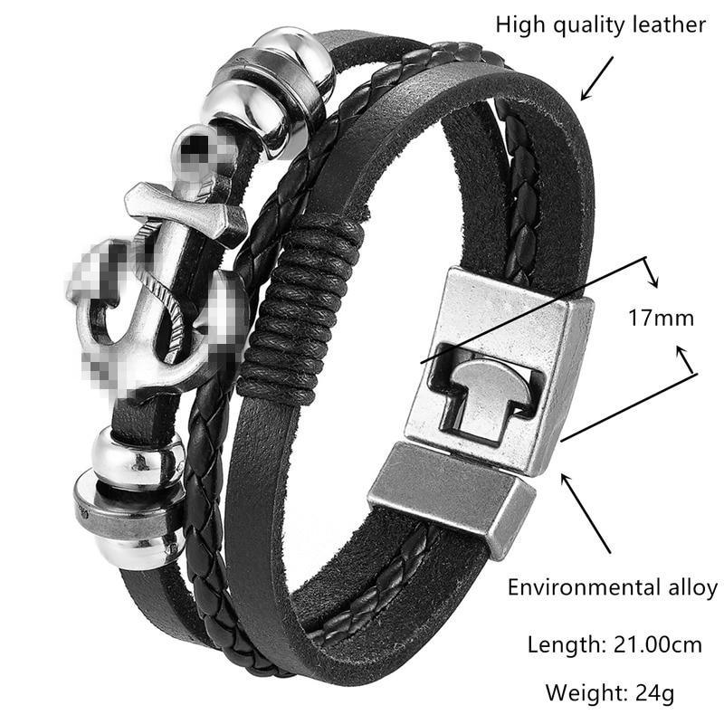 Multilayer Braided Leather Anchor Bracelet with Magnetic Clasp