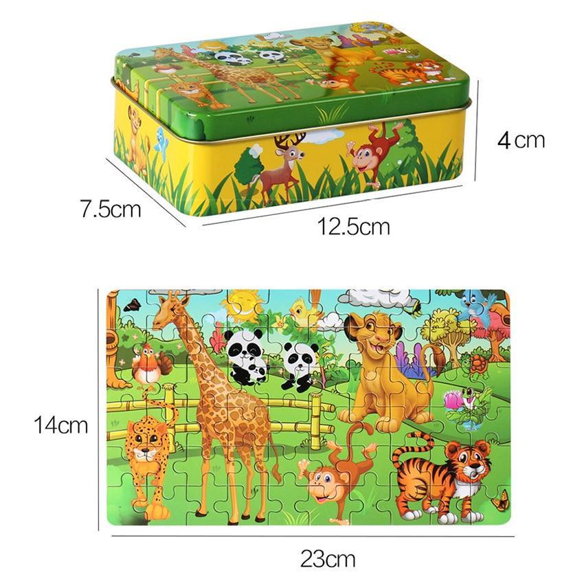 60-Piece Wooden Cartoon Animal Puzzle in Keepsake Iron Box