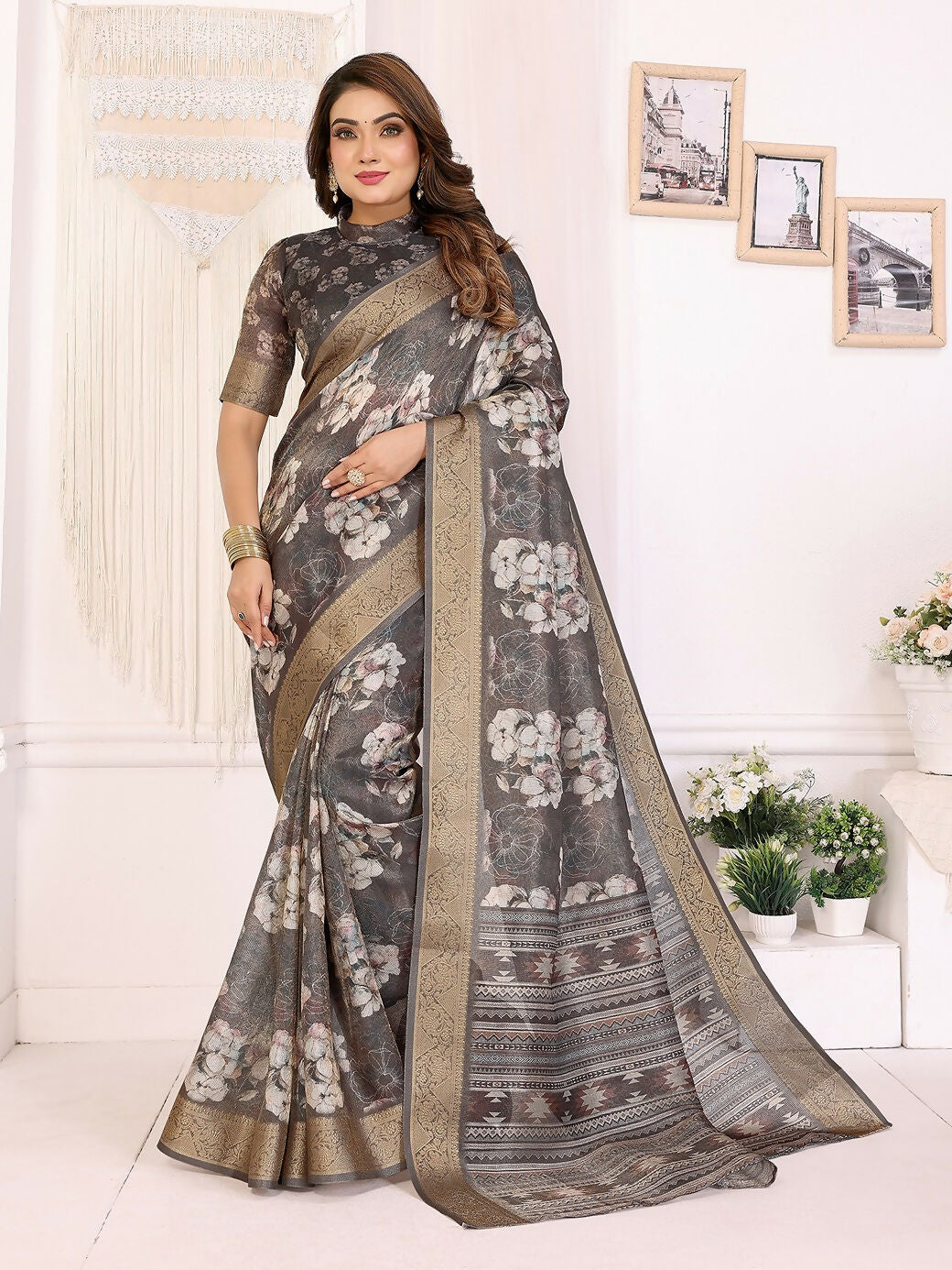 Dark Grey Floral Print Banarasi Silk Saree made from Soft Tissue Silk