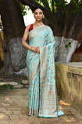 Elegant aqua crepe chiffon handloom Banarasi silk saree draped gracefully