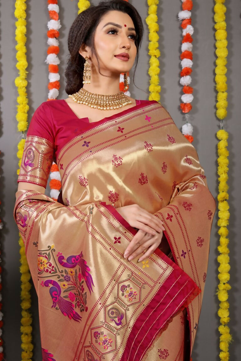 Maroon Paithani Silk Saree with Zari Woven Border and Blouse