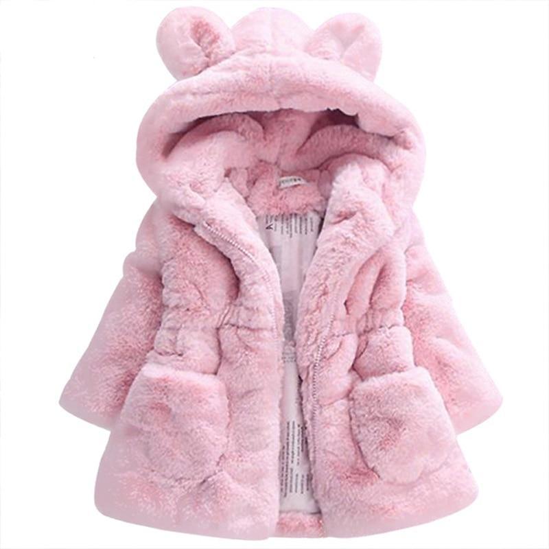 Winter Baby Girl Faux Fur Fleece Hooded Jacket with Rabbit Ears