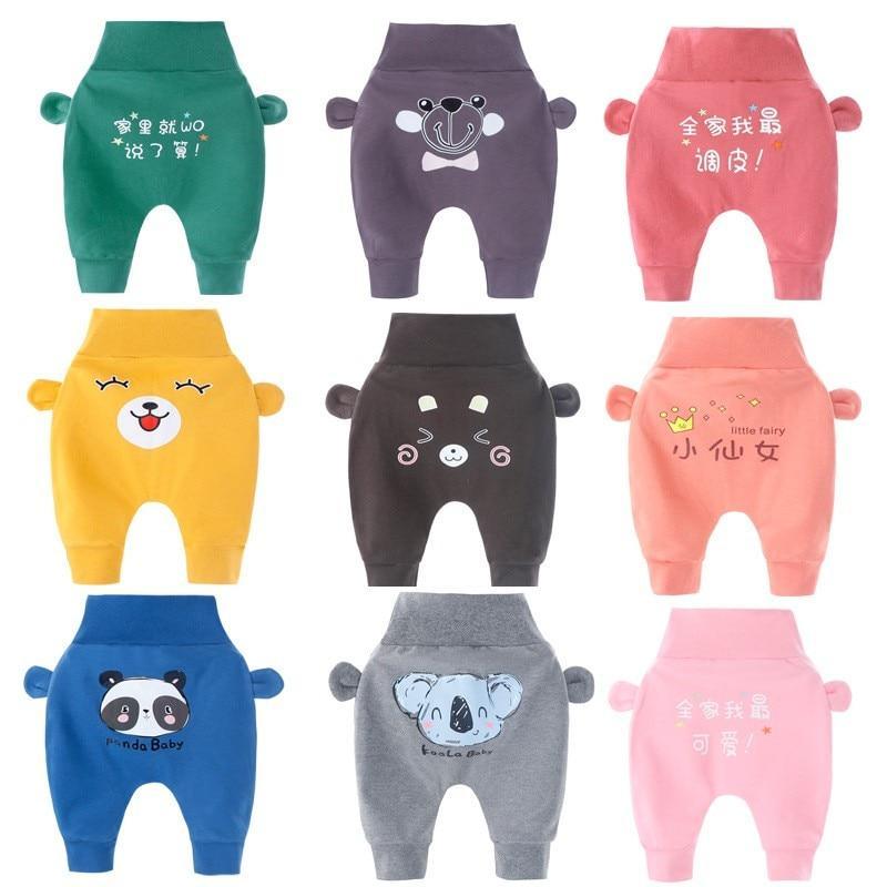 Baby footed pants featuring cute bear ears and animal prints in various colors