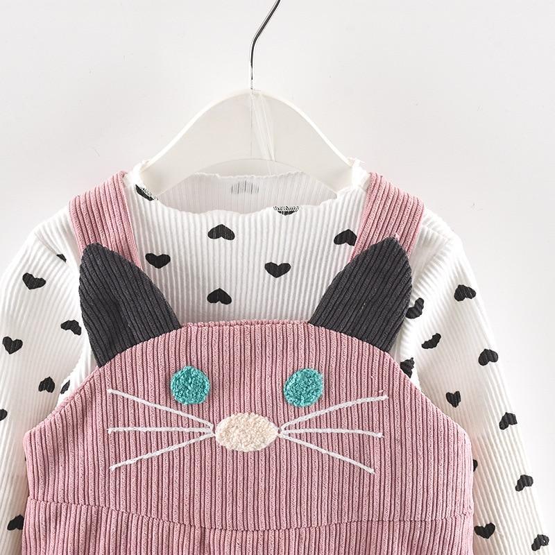 Girls 2-Piece Long Sleeve Dot T-Shirt and Cat Strap Dress Set