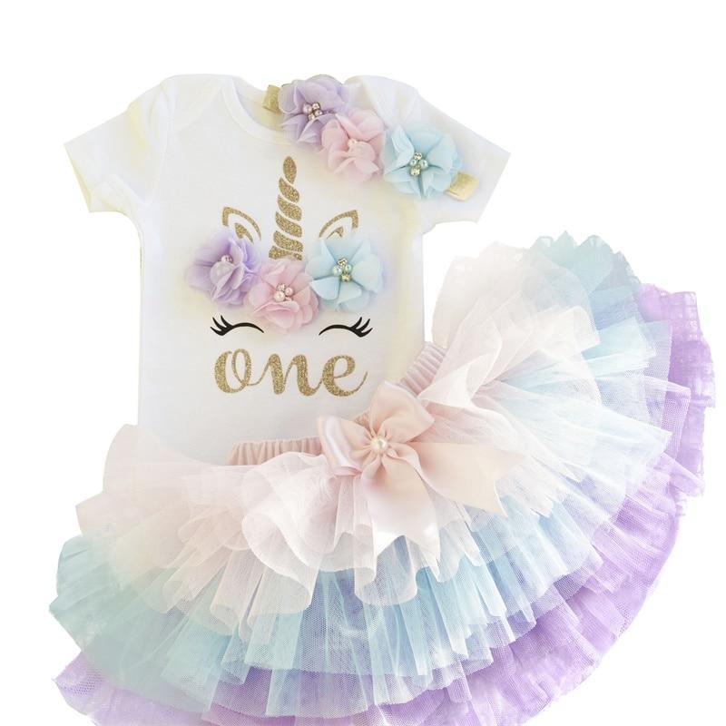 Toddler Girls Unicorn Party Tutu Dress in White and Pastel Multi