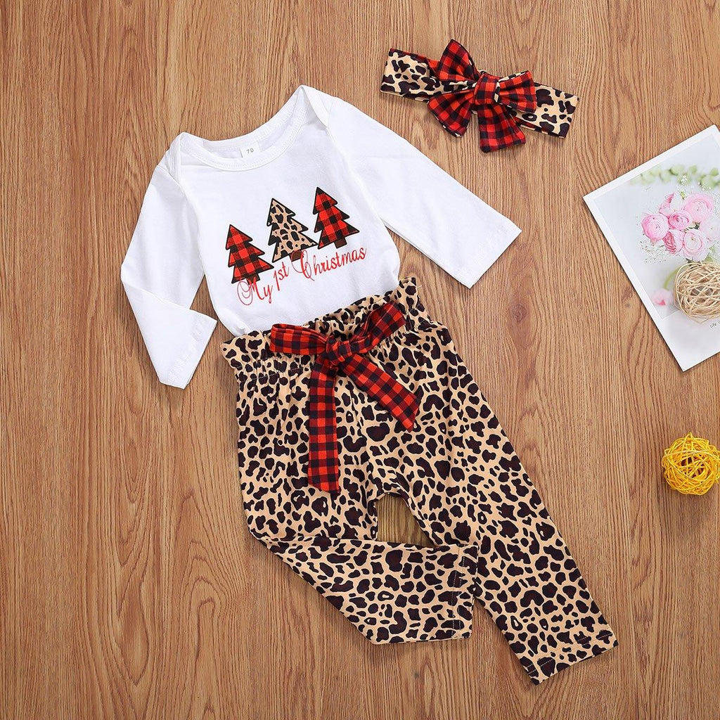 Newborn Baby Christmas Tree Pullover Top and Leopard Pants Set