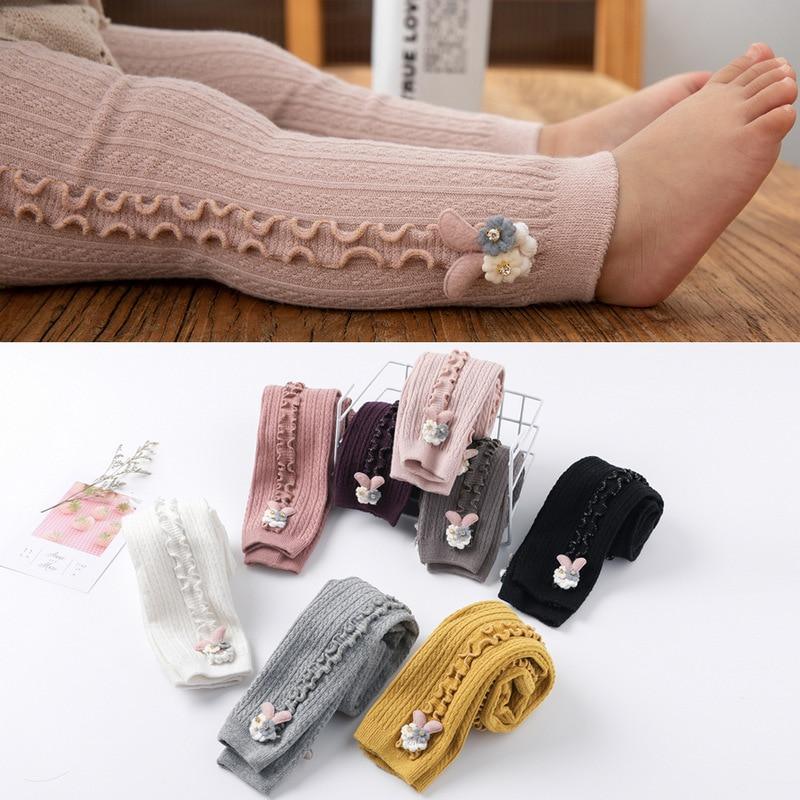Baby girl skinny knit leggings with cute rabbit pattern