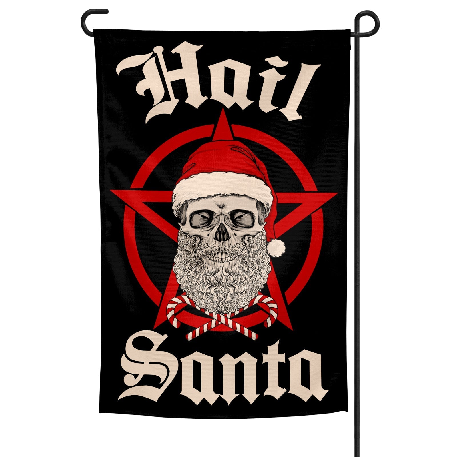 Hail Santa holiday garden flag measuring 12 by 18 inches displayed in a garden setting