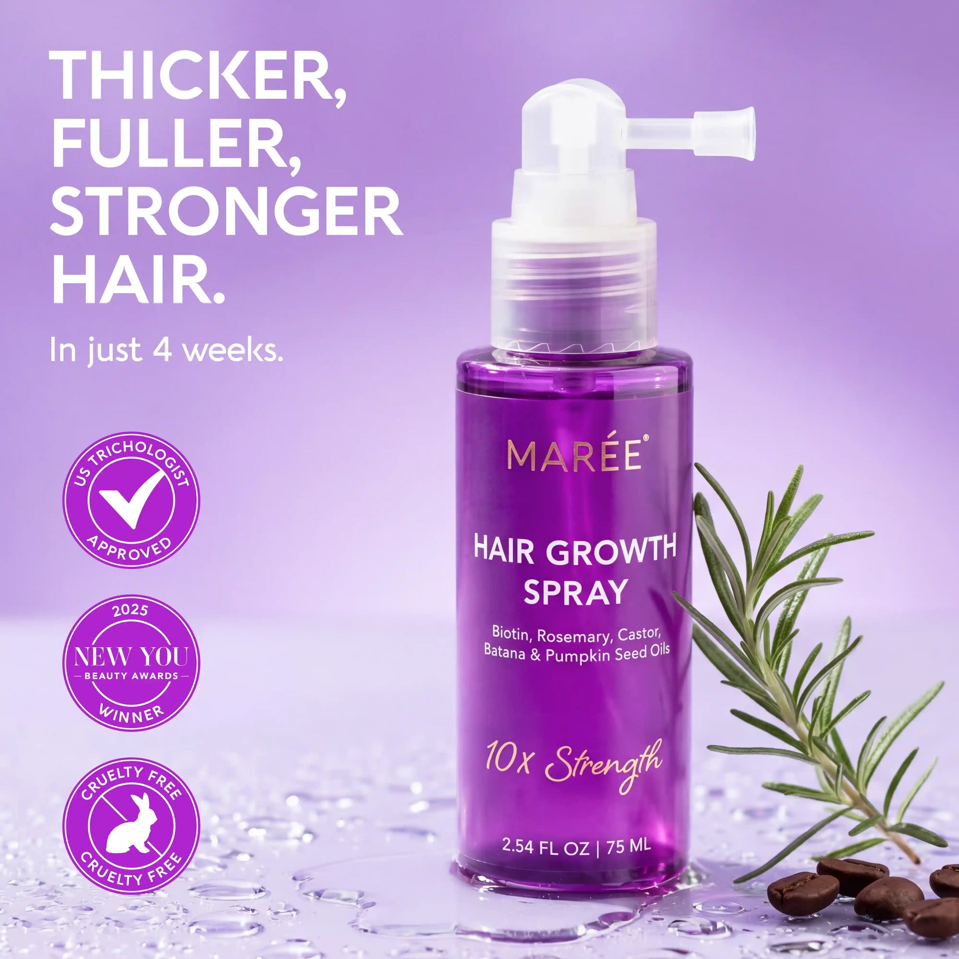Maree 4-in-1 Hair Growth Spray bottle with rosemary and coffee bean accents on purple background