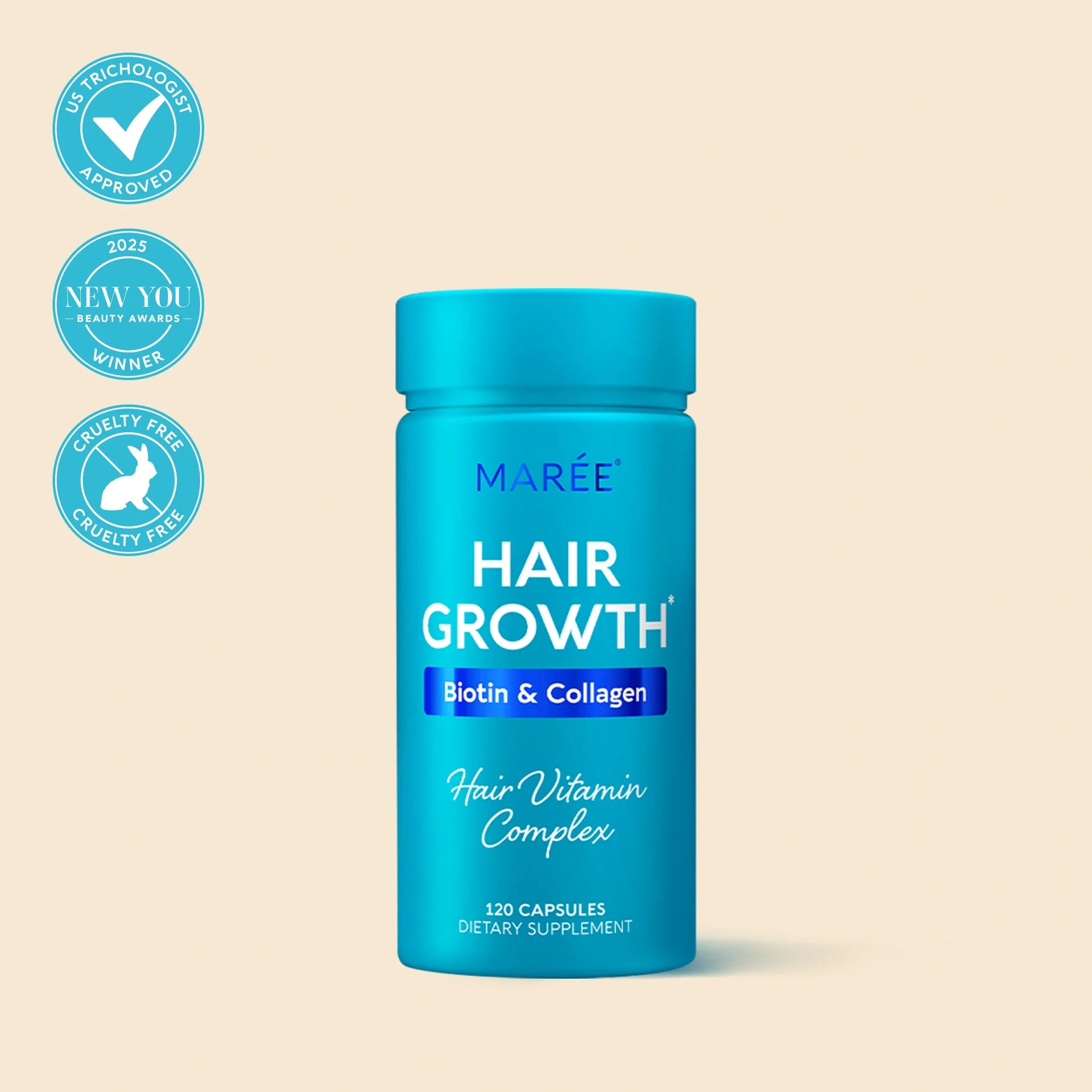 Bottle of Marée Biotin & Collagen Hair Growth Complex capsules with 120 count clearly visible