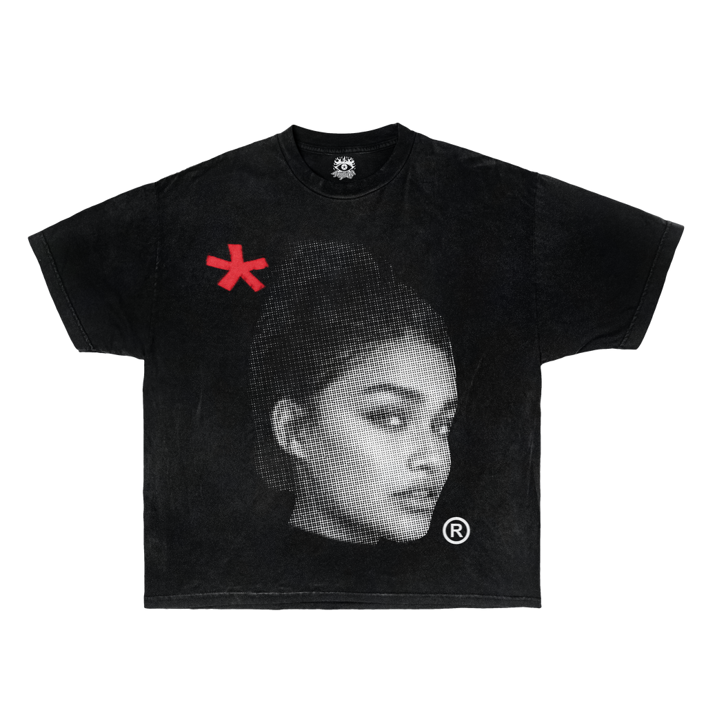 Front view of black streetwear t-shirt with half-tone princess face graphic and red star accent.