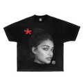 Front view of black streetwear t-shirt with half-tone princess face graphic and red star accent.