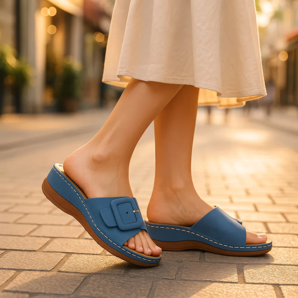 Women's Green Buckled Flat Sandals with Secure Adjustable Fit