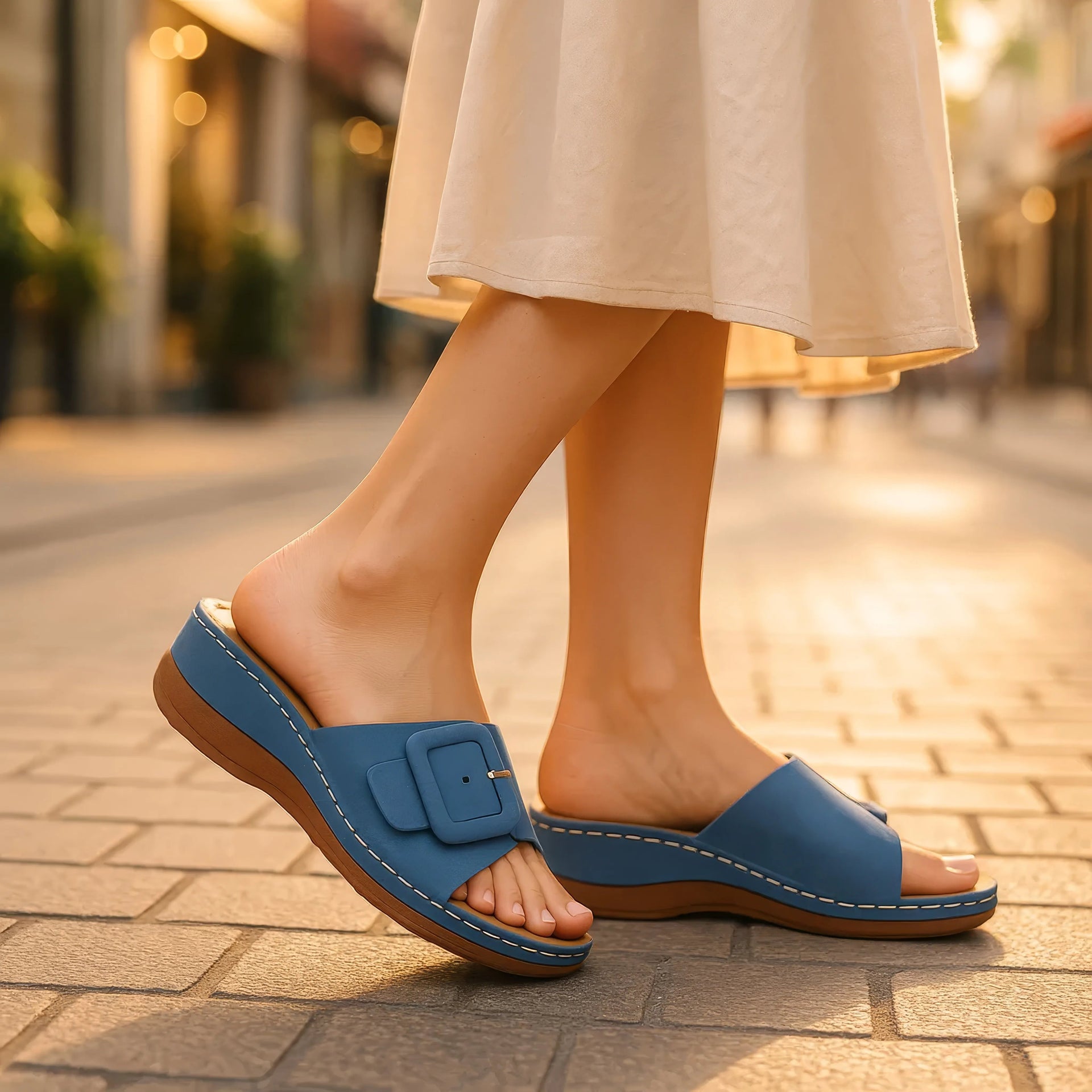 Women's Green Buckled Flat Sandals with Secure Adjustable Fit