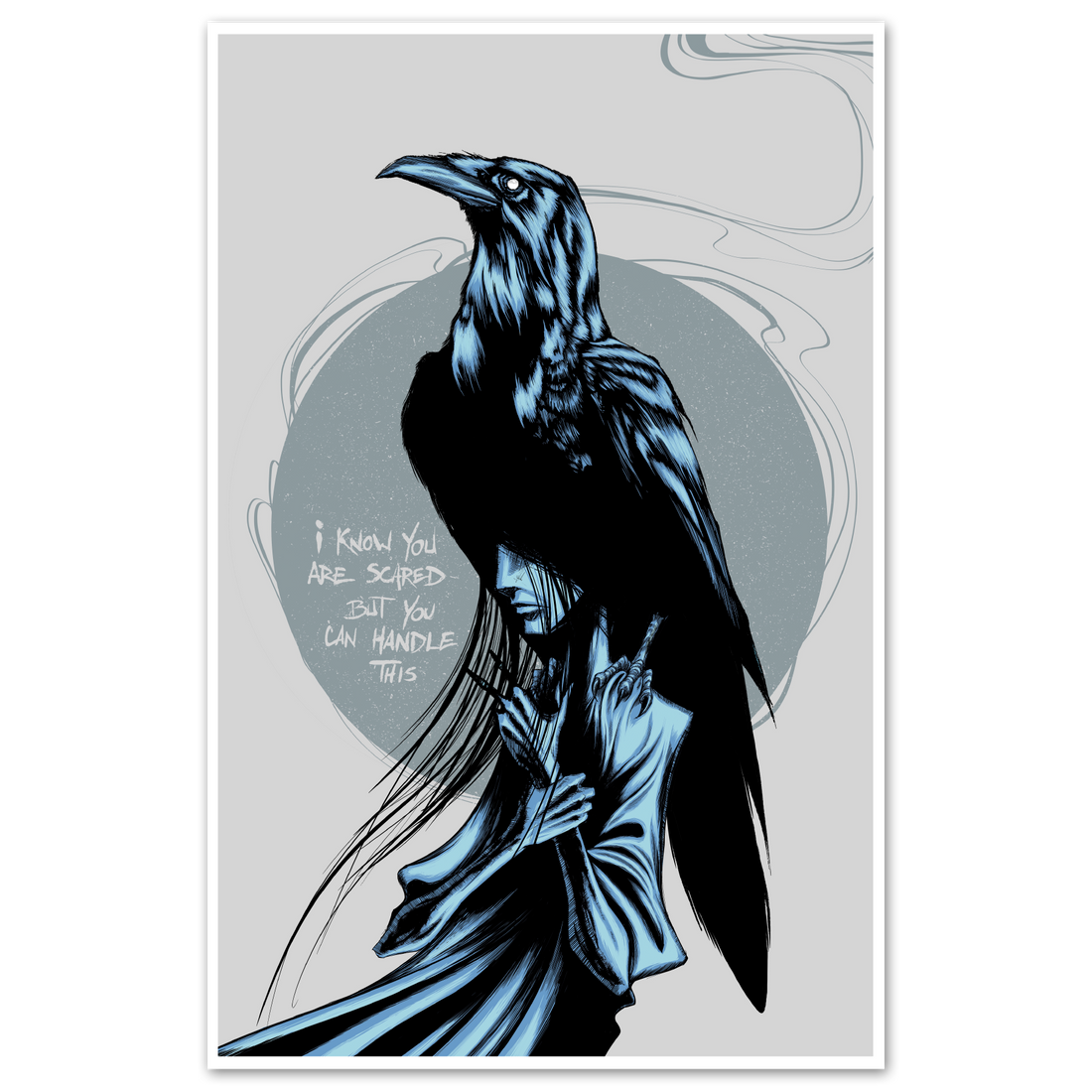 A graphic art print titled Handle This featuring a raven perched over a figure on a grey background.