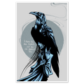 A graphic art print titled Handle This featuring a raven perched over a figure on a grey background.