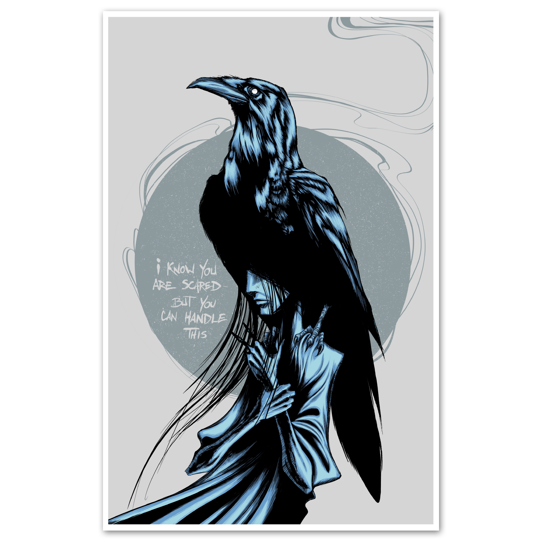 A graphic art print titled Handle This featuring a raven perched over a figure on a grey background.