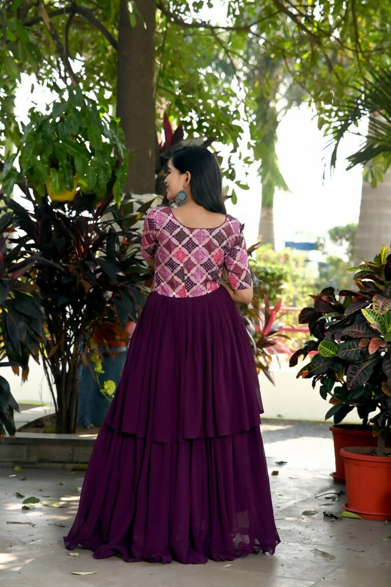 Wine Printed Sequin Embellished Faux Blooming Anarkali Dress