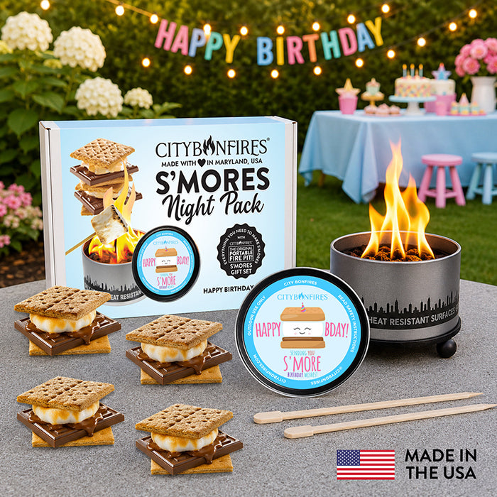 Birthday edition S'mores Night Pack with minimalist metal fire pit